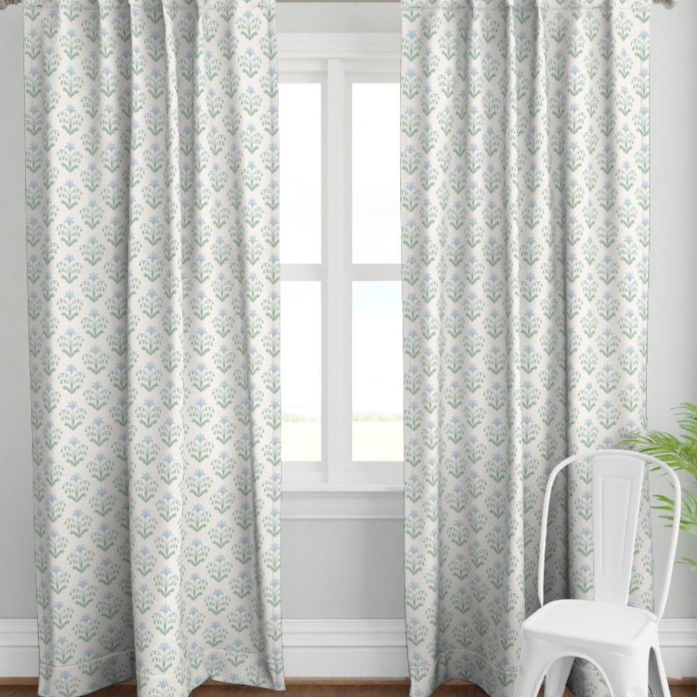Blue, Green, & White Spoonflower Curtains